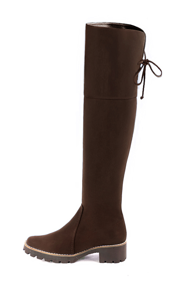 Dark brown women's leather thigh-high boots. Round toe. Low rubber soles. Made to measure. Profile view - Florence KOOIJMAN